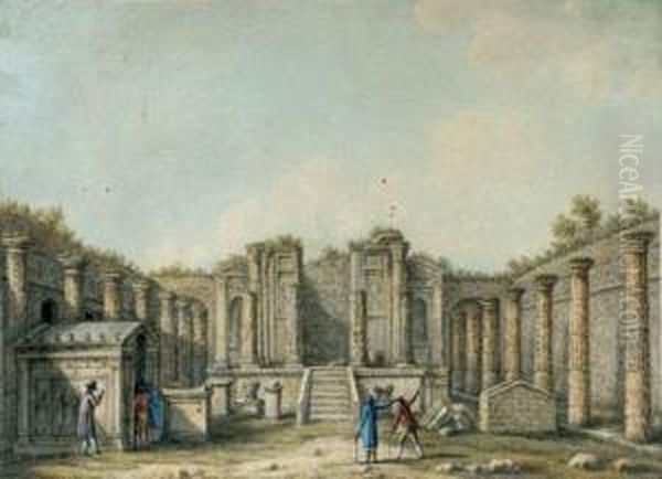 Paysage D'asie Mineure Avec 
Caravanes De Chameliers Et Personnages Turcs Devant Les Ruines Du Temple
 De Mars Oil Painting by Jean-Baptiste Hilaire