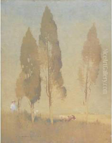 Landscape With Boy And Goats Oil Painting by Jesse Jewhurst Hilder