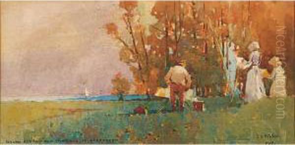 Julian Ashton And Students At Narrabeen Oil Painting by Jesse Jewhurst Hilder