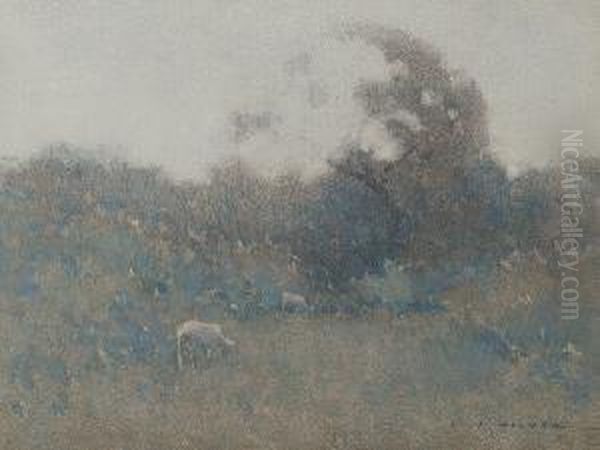 Sheep Grazing In Bushland Oil Painting by Jesse Jewhurst Hilder