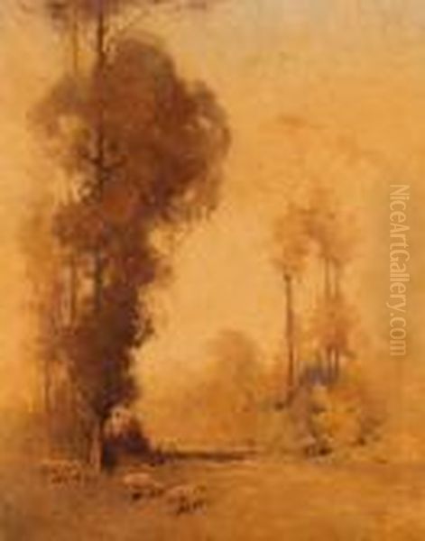 A Bush Scene, Landscape With Sheep Oil Painting by Jesse Jewhurst Hilder