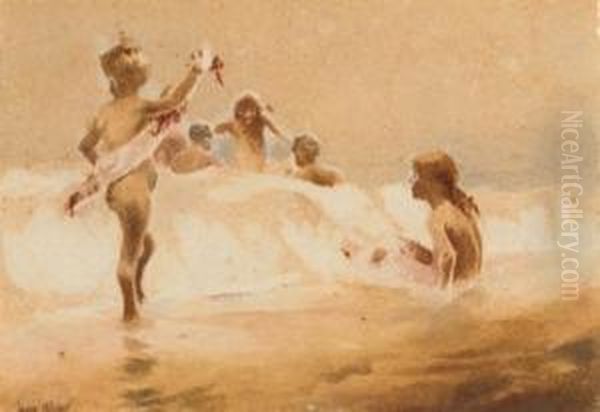 Children At The Beach Oil Painting by Jesse Jewhurst Hilder