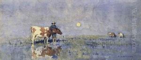 Boy With Calf In Meadow Oil Painting by Jesse Jewhurst Hilder