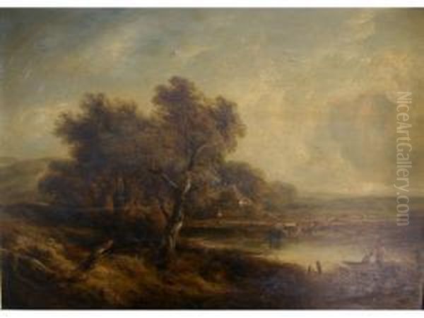 On The Medway: Country Landscape With Figures In A Punt, Cattlewatering Oil Painting by Richard Hilder