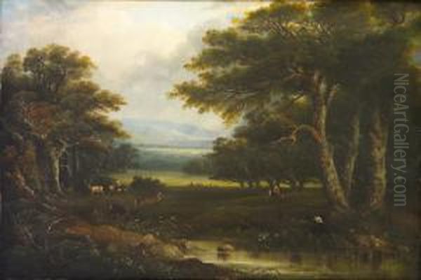 Parkland With Figures Oil Painting by Richard Hilder