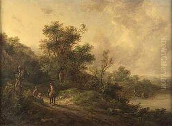 A Wooded River Landscape With Figures On A Country Path Oil Painting by Richard Hilder