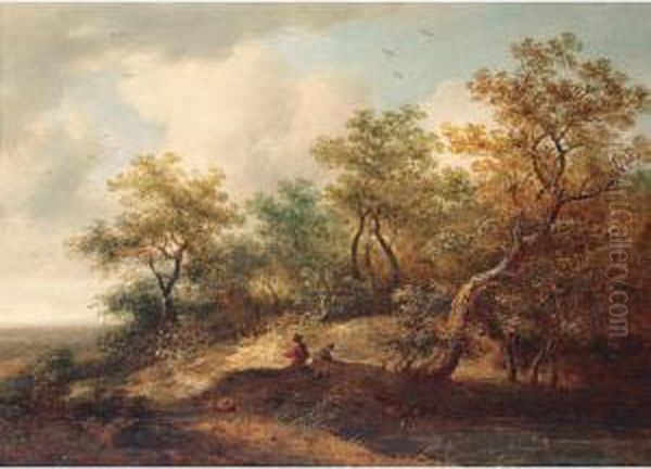 Woodland Landscape With Pond And Figures Oil Painting by Richard Hilder