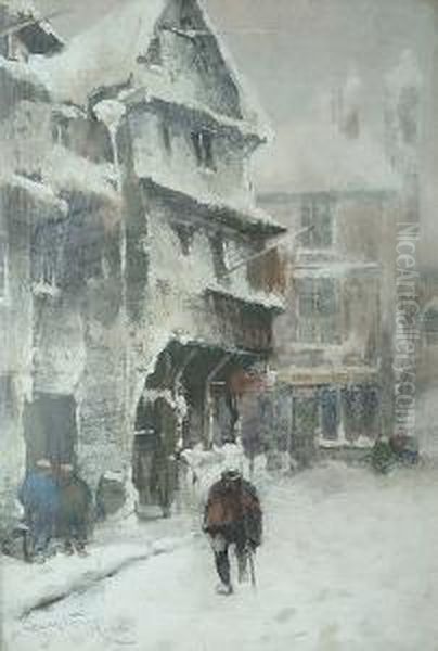 Snow Covered Street With Figure Walking Oil Painting by Bartram, Fred. John Hiles