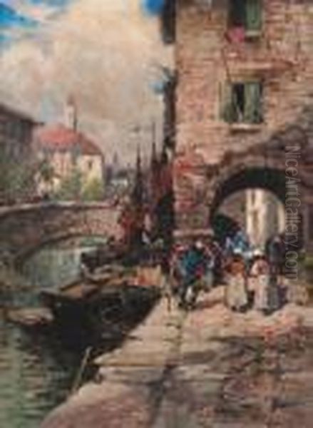 Figures On A Quay Oil Painting by Bartram, Fred. John Hiles