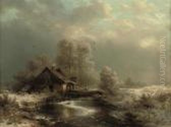 A Mill Along A Frozen Waterway Oil Painting by Carl Hilgers