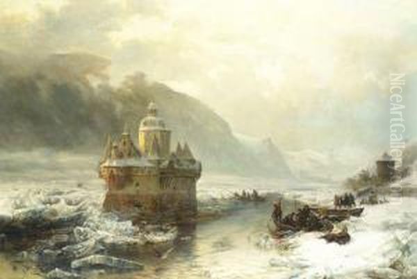 Die Pfalz Bei Kaub Im Winter Oil Painting by Carl Hilgers