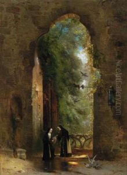 Two Sisters In A Convent Garden Oil Painting by Carl Hilgers