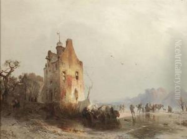 Winterliches Eisvergnugen An Einem Wasserschloss Oil Painting by Carl Hilgers