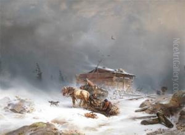 Rustics Gathering Firewood In A Blizzard Oil Painting by Carl Hilgers