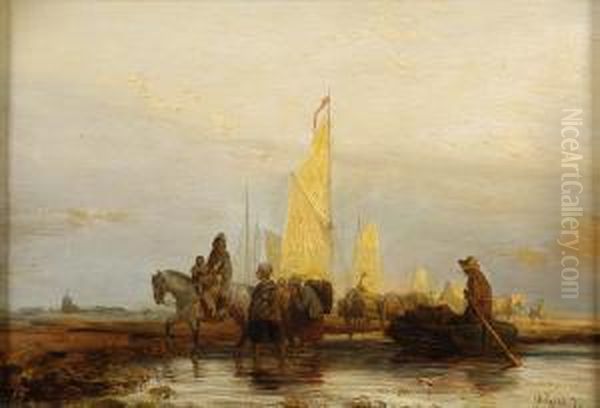 Fluslandschaft Mit Regem Treiben. Oil Painting by Carl Hilgers