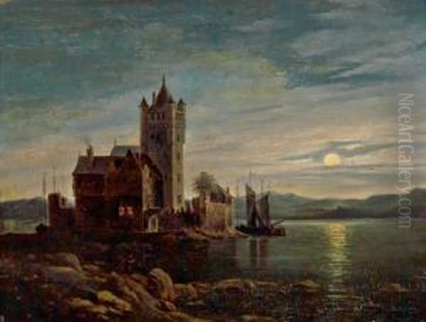 Vollmondbeschienene Flusslandschaft Mit Einem Zollturm Oil Painting by Carl Hilgers