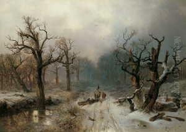 Holzfaller Im Winterwald Bei Sonnenuntergang. Oil Painting by Carl Hilgers