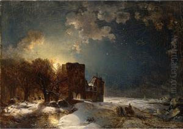 Soldiers Returning To Their Fort In A Moonlit Winter Landscape Oil Painting by Carl Hilgers