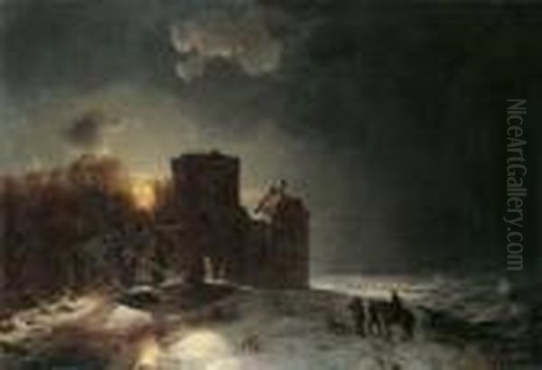 Abendliche Winterlandschaft Mit
 Einem Kastell An Einem Zugefrorenen Fluss.

 Signiert Und Datiert Oil Painting by Carl Hilgers