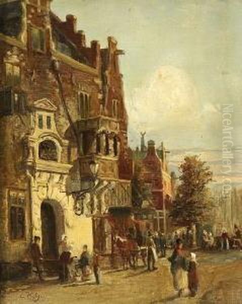 Hollandische
 Strasenszene. Oil Painting by Carl Hilgers