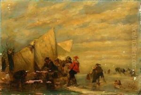 Fishermen Unloading Horsedrawn Carts On The Shore: Oil Painting by Carl Hilgers