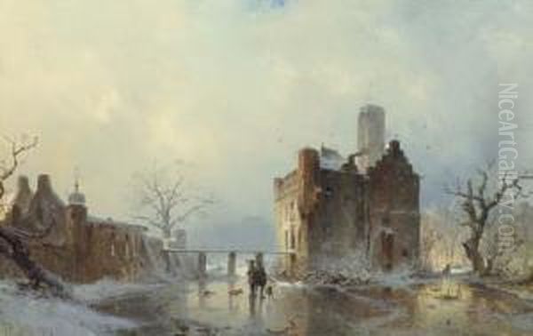 Hunters With Their Dogs On A Frozen Stream By A Castle by Carl Hilgers