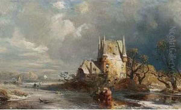 A Winter Landscape With Figures By A Manor Oil Painting by Carl Hilgers