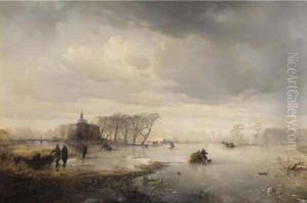 Skaters On A Frozen Lake, With A Manor Beyond Oil Painting by Carl Hilgers