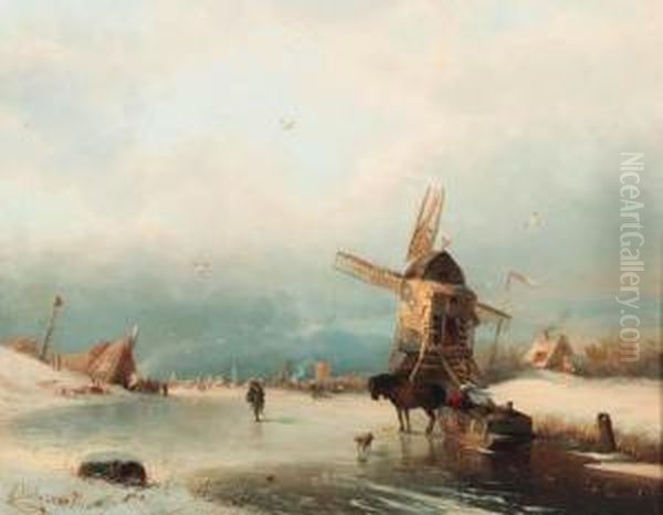 A Winter Landscape With A Horse-drawn Sledge On A Frozen River By Awindmill Oil Painting by Carl Hilgers