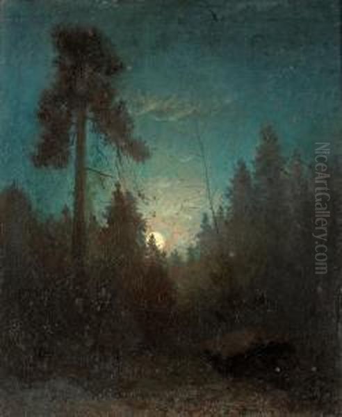 Tall Pine And Rising Moon Oil Painting by Carl Fredrik Hill