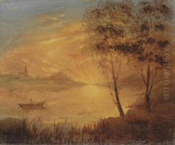 Skanskt Landskap Om Aftonen 
Strax Efter Solens Nedgang (eveninglandscape After Sunset, Skane) Oil Painting by Carl Fredrik Hill