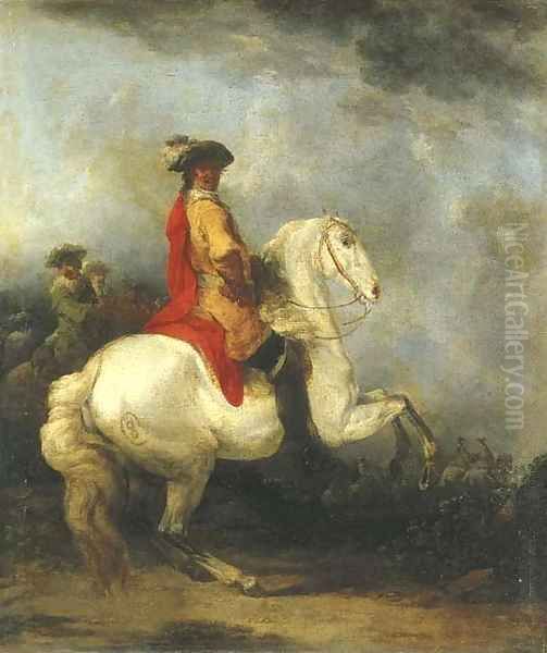 A cavalier in a yellow coat with a red cloak and plumed hat on a grey, a cavalry troop beyond Oil Painting by Francesco Giuseppe Casanova