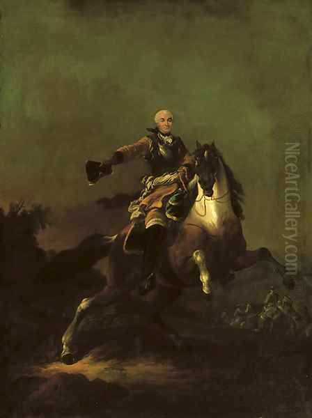 A soldier, said to be Hermann Moritz, Count of Saxony (1696-1750), in armour and ochre coat, on a rearing horse in a hilly landscape, cavalry beyond Oil Painting by Francesco Giuseppe Casanova