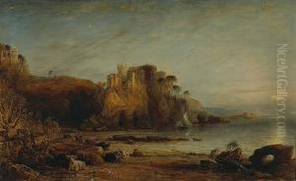 A View Of A Castle On The Cliff Of A Rocky Coast With Highland Cattle On The Beach Below Oil Painting by David Octavius Hill