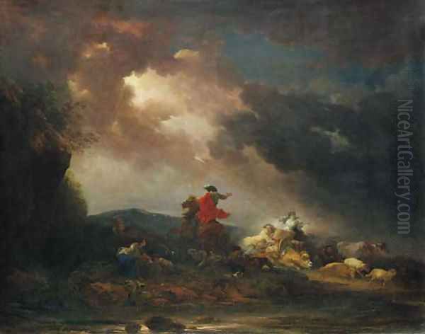 A stormy landscape with a horseman and a woman riding an ox, by a river Oil Painting by Francesco Giuseppe Casanova