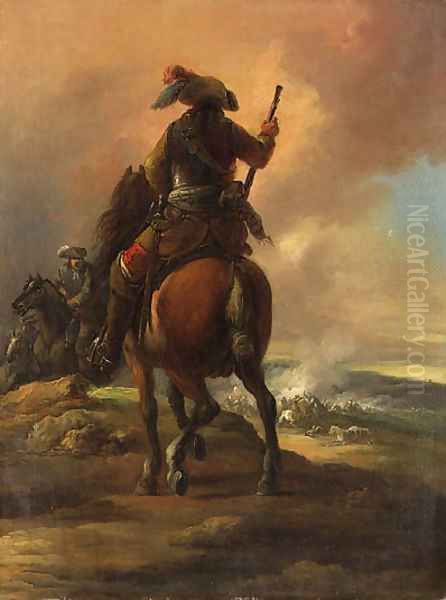 Cavalrymen on a Bluff above a Battle Oil Painting by Francesco Giuseppe Casanova