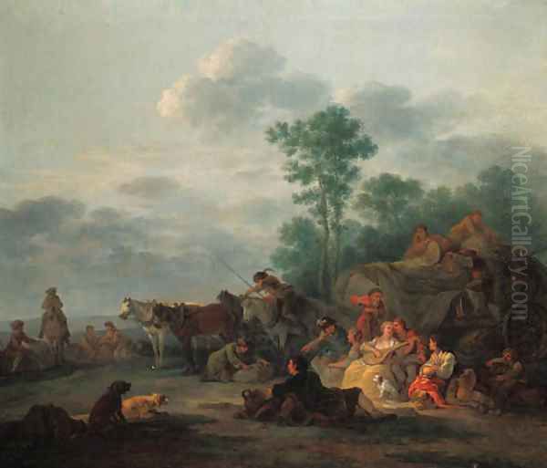 Travellers resting, with a couple making music in a landscape Oil Painting by Francesco Giuseppe Casanova