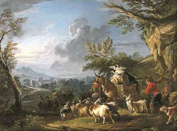 A landscape with travelers and a drover with his herd of goats on a path, a town beyond Oil Painting by Francesco Giuseppe Casanova