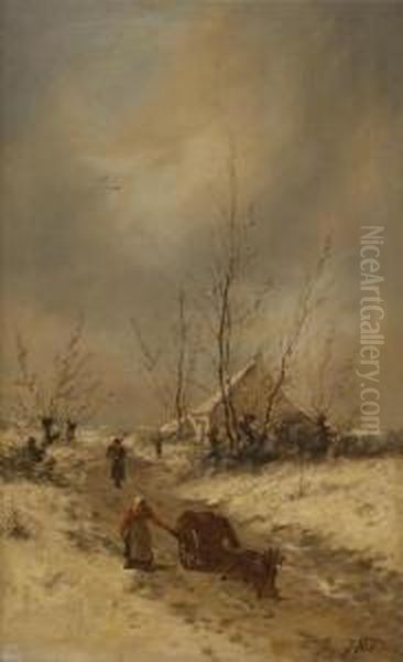 Chariot Attele A Un Chien Dans Un Paysage Enneige Oil Painting by James John Hill