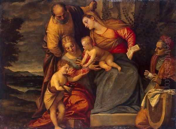 Holy Family with Sts Catherine, Anne and John Oil Painting by Benedetto Caliari