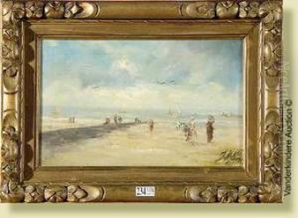 Plage De Heist Animee Oil Painting by Jean Hill