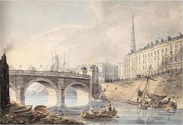 Bristol Bridge And St. Nicholas' Church Oil Painting by John Hill