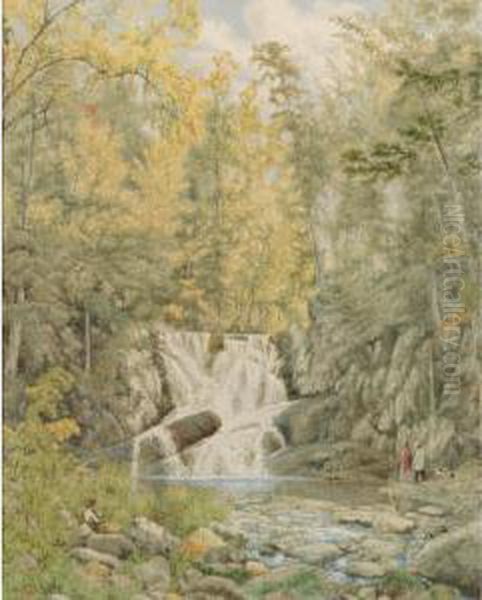 Waterfall Oil Painting by John William Hill