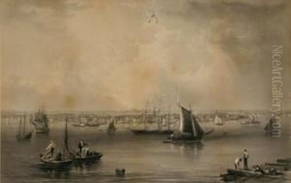 Boston Harbor Oil Painting by John William Hill