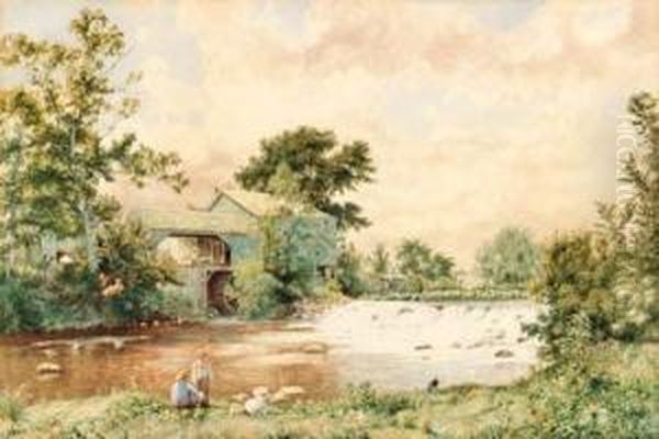 At The Old Mill Pond Oil Painting by John William Hill