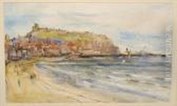 South Bay Scarborough, With Figures On The Beach Oil Painting by Rowland Henry Hill