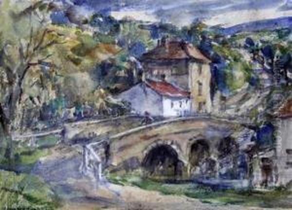 Watermill & Riverside Town Oil Painting by Rowland Henry Hill