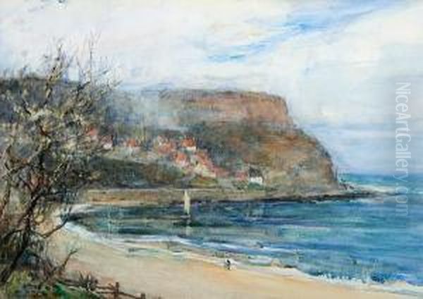 Staithes, A Coastal Landscape With Figures On The Shore Oil Painting by Rowland Henry Hill