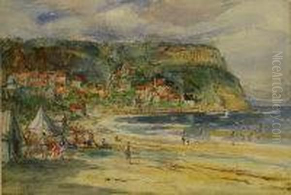 Beach Tents At Runswick Bay Oil Painting by Rowland Henry Hill