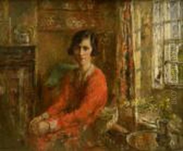 Interior Scene - Lady In A Red Dress by Rowland Henry Hill